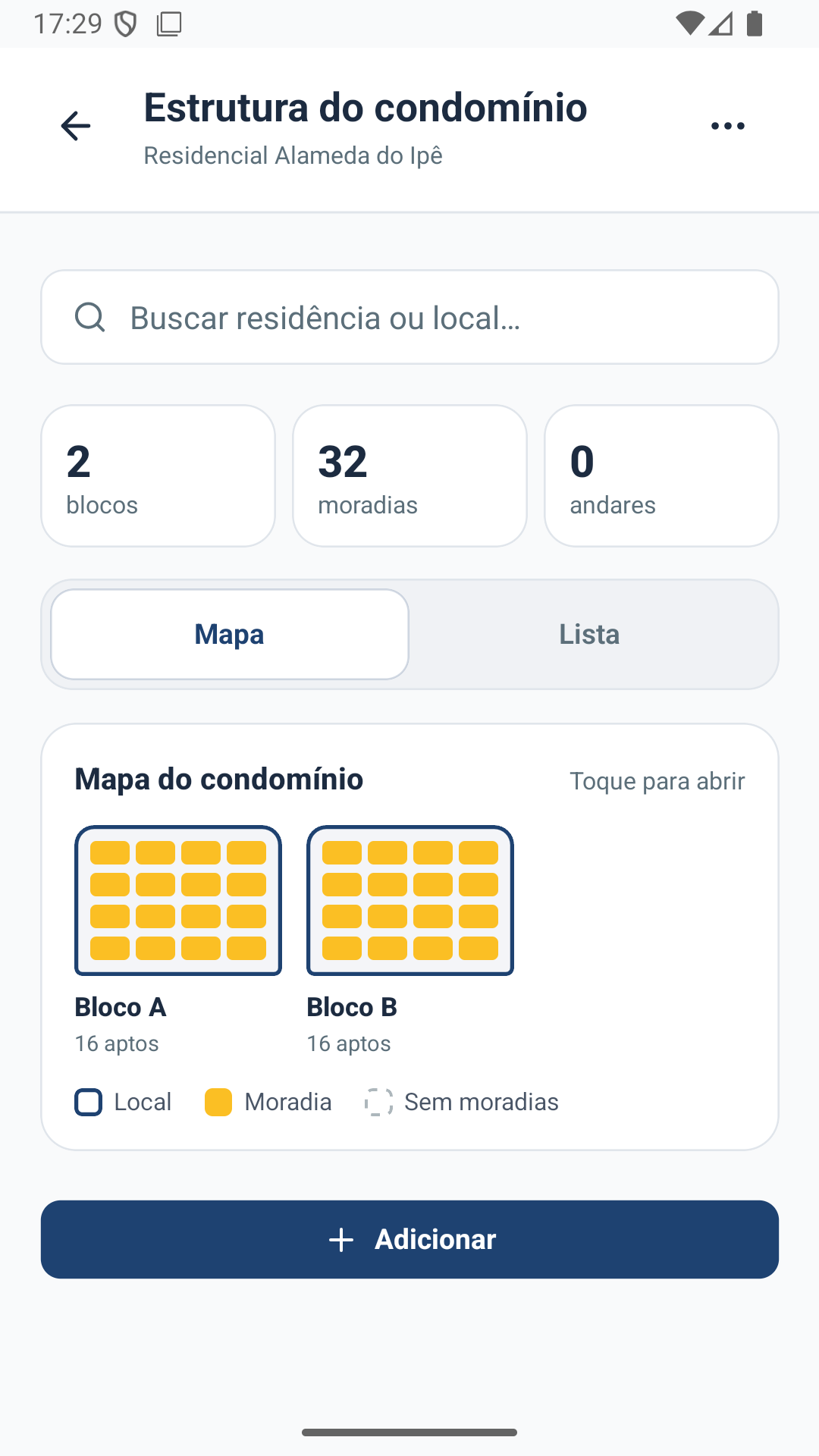 Estrutura do condomínio no app: 2 blocos e 32 moradias no mapa