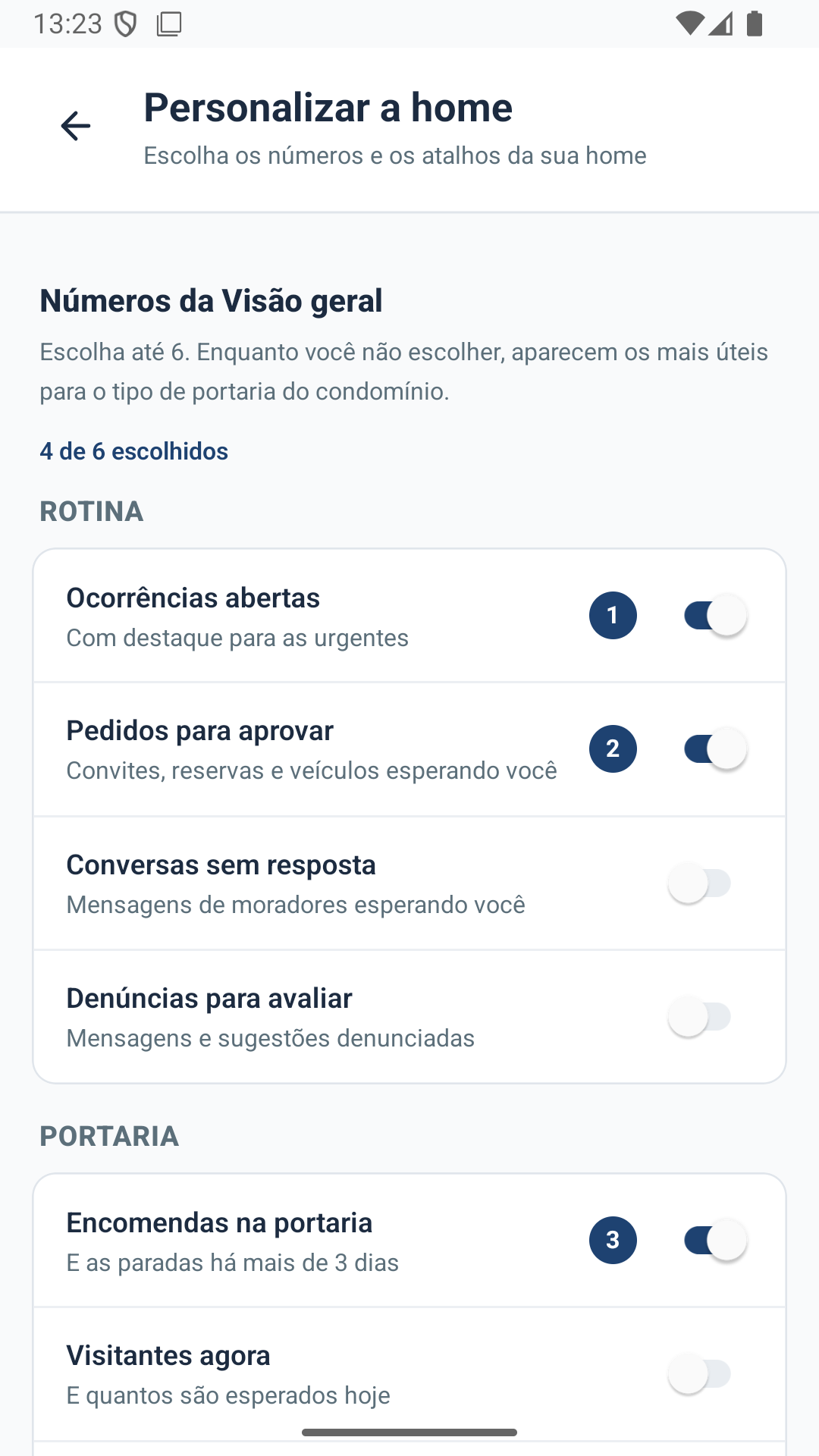 Tela Personalizar a home: o síndico escolhe até 6 números da Visão geral, como ocorrências, pedidos e encomendas