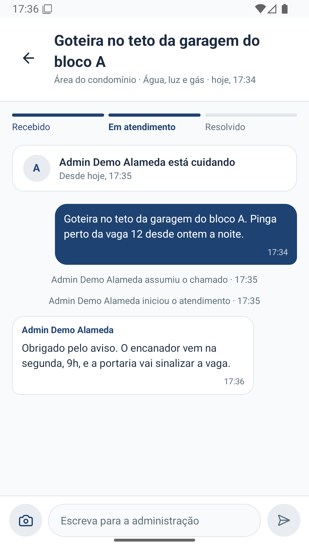 App do morador: ocorrência da goteira na garagem em atendimento, com a resposta da administração